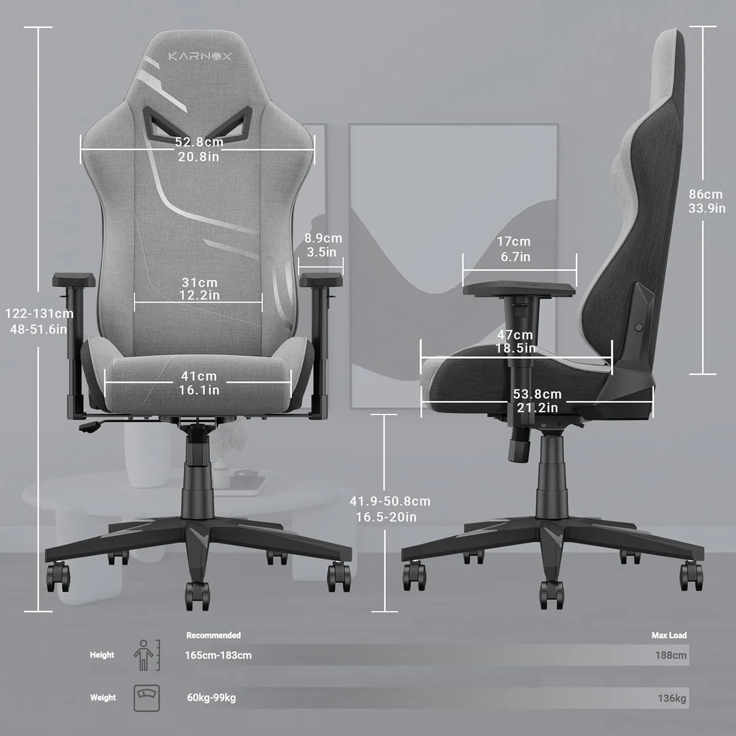 KORNOX Gaming Chair Ergonomic Fabric for Adults, Office Chair High Back,Desk Chair Racing,Task Chair Cloth Adjustable Swivel,Game Chair with Headrest and Lumbar Support for Teens,Silver Grey