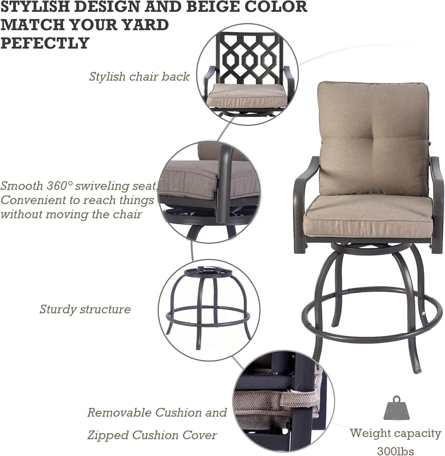 Kozyard Isabella High Swivel Bar Stools/Chair Set for Home Patio, Back Yard, Cafes, Bistro, Restaurants and Chic Bars (Beige)