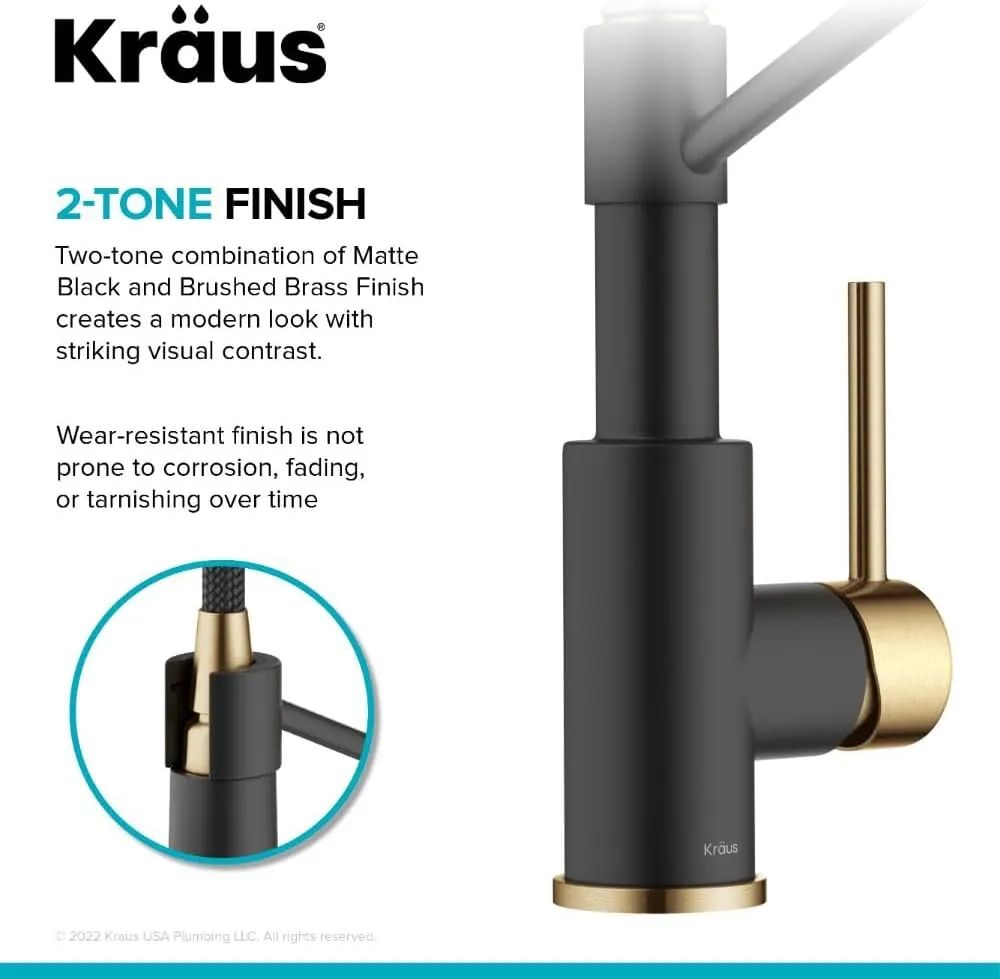 Kraus Bolden 2-in-1 Pull-Down Single Handle Kitchen Sink Filter Water Faucet for Reverse Osmosis or Water Filtration System in Brushed Brass/Matte Black, KFF-1610BBMB