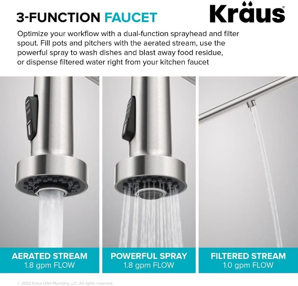 Kraus Bolden 2-in-1 Pull-Down Single Handle Kitchen Sink Filter Water Faucet for Reverse Osmosis or Water Filtration System in Brushed Brass/Matte Black, KFF-1610BBMB