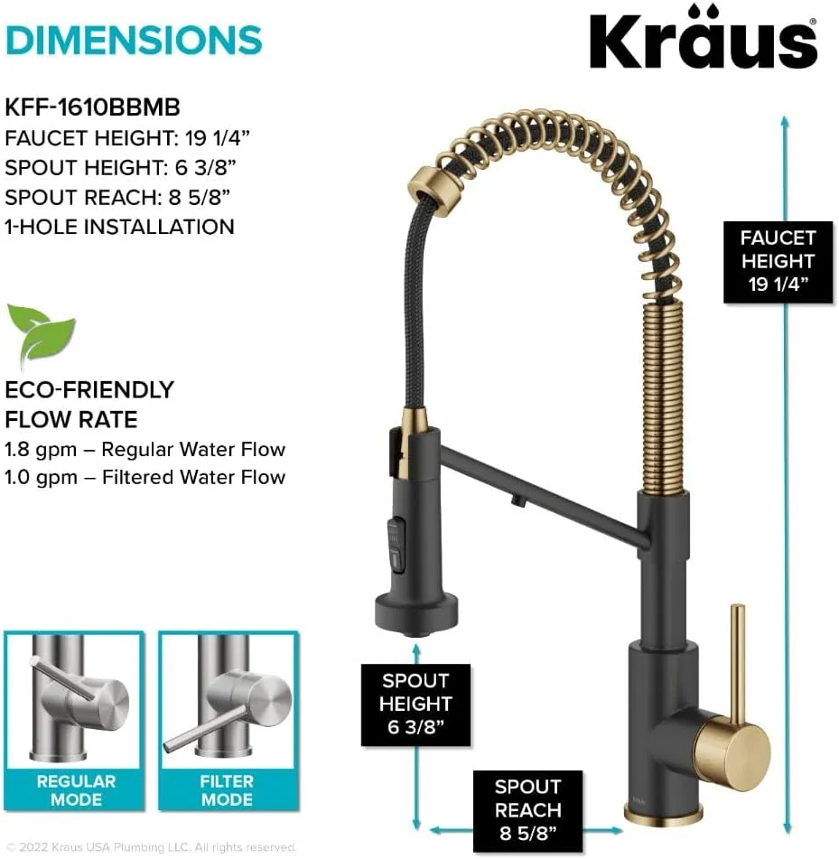 Kraus Bolden 2-in-1 Pull-Down Single Handle Kitchen Sink Filter Water Faucet for Reverse Osmosis or Water Filtration System in Brushed Brass/Matte Black, KFF-1610BBMB