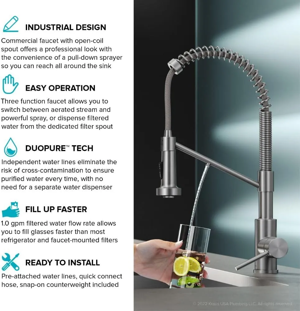 Kraus Bolden 2-in-1 Pull-Down Single Handle Kitchen Sink Filter Water Faucet for Reverse Osmosis or Water Filtration System in Brushed Brass/Matte Black, KFF-1610BBMB