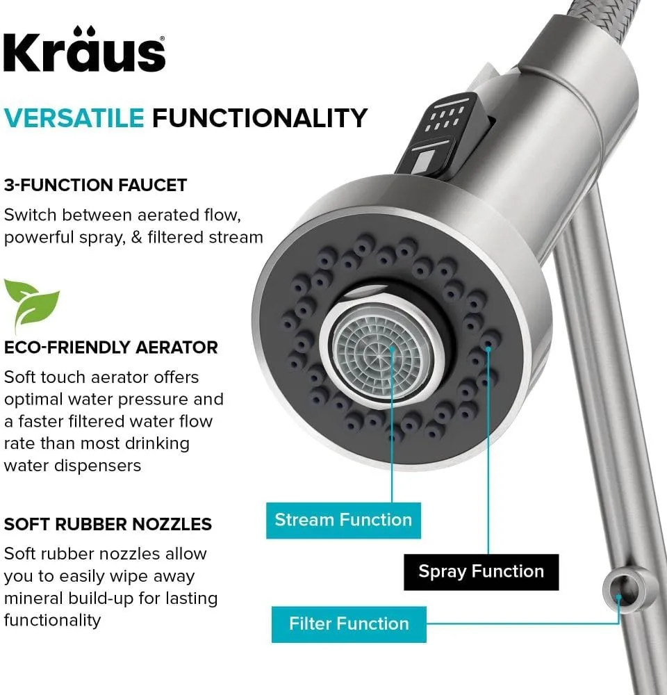 Kraus Bolden 2-in-1 Pull-Down Single Handle Kitchen Sink Filter Water Faucet for Reverse Osmosis or Water Filtration System in Chrome, KFF-1610CH
