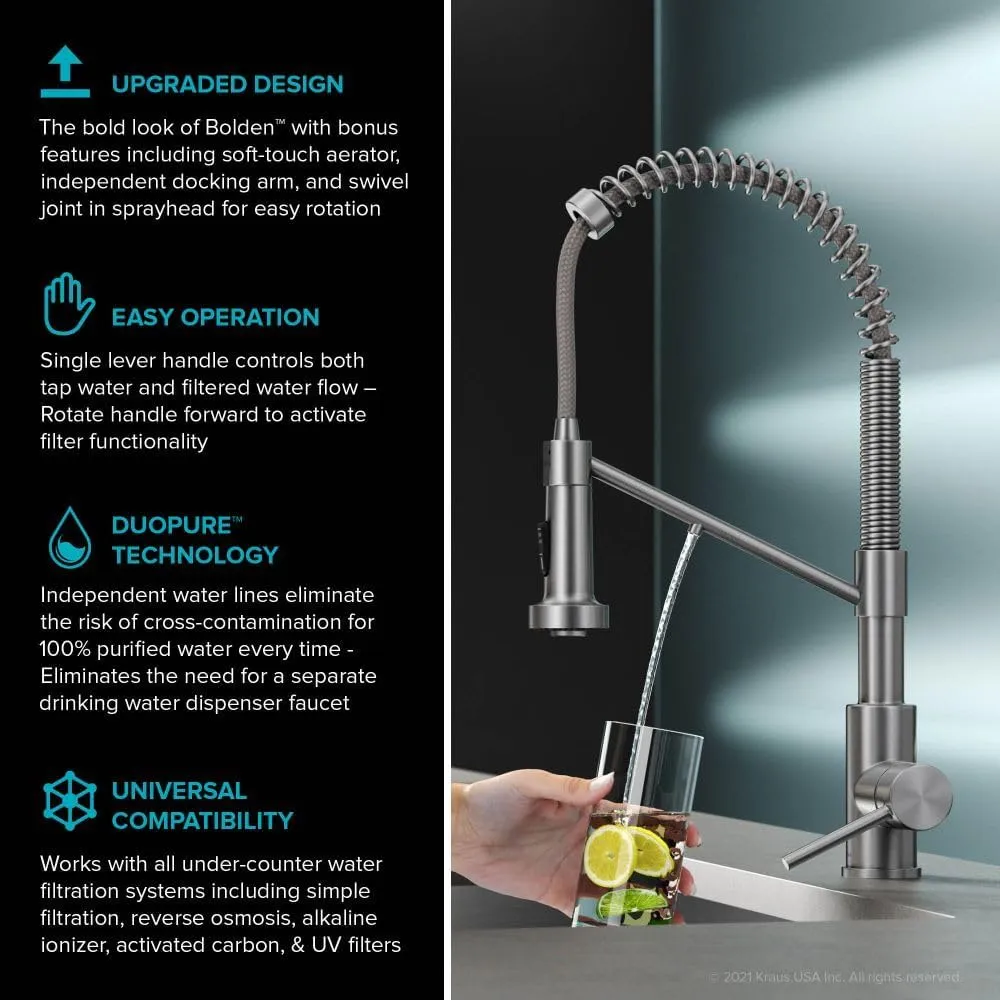 Kraus Bolden 2-in-1 Pull-Down Single Handle Kitchen Sink Filter Water Faucet for Reverse Osmosis or Water Filtration System in Chrome, KFF-1610CH