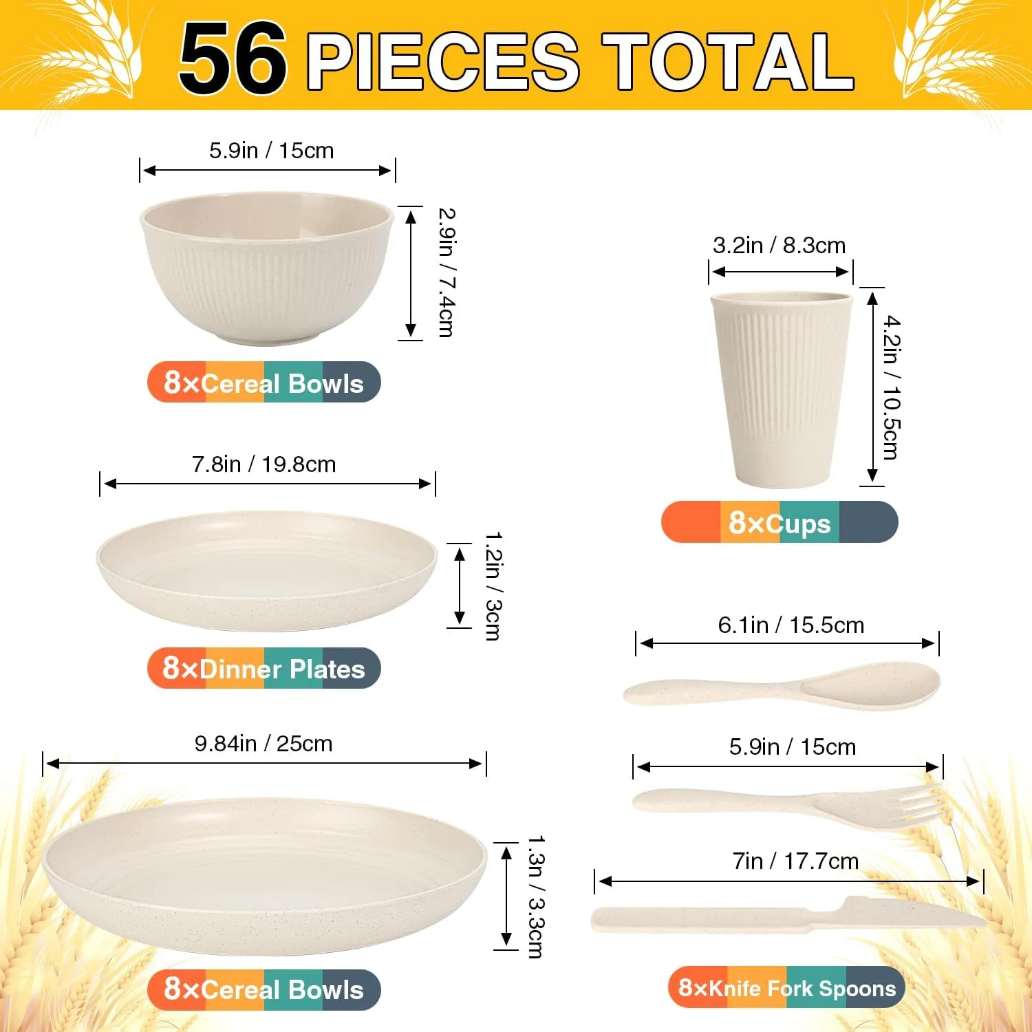 LAERJIN 56 Piece Wheat Straw Dinnerware Sets,Unbreakable Reusable Dinnerware Set,Dishwasher & Microwave Safe Plates and Bowls Sets, for Apartment Essentials, Outdoor Camping, Beige White