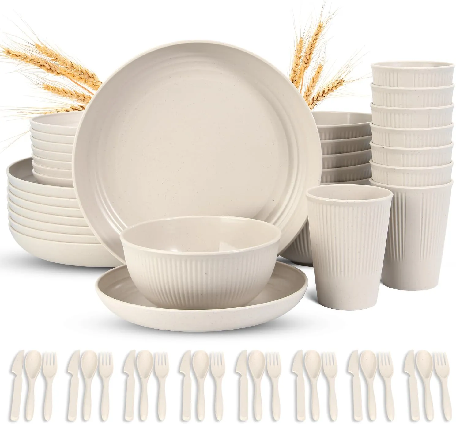 LAERJIN 56 Piece Wheat Straw Dinnerware Sets,Unbreakable Reusable Dinnerware Set,Dishwasher & Microwave Safe Plates and Bowls Sets, for Apartment Essentials, Outdoor Camping, Beige White