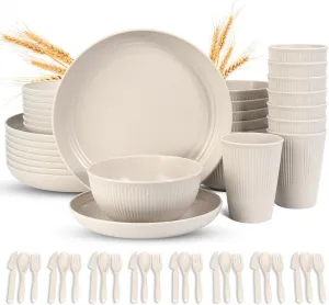 LAERJIN 56 Piece Wheat Straw Dinnerware Sets,Unbreakable Reusable Dinnerware Set,Dishwasher & Microwave Safe Plates and Bowls Sets, for Apartment Essentials, Outdoor Camping, Beige White