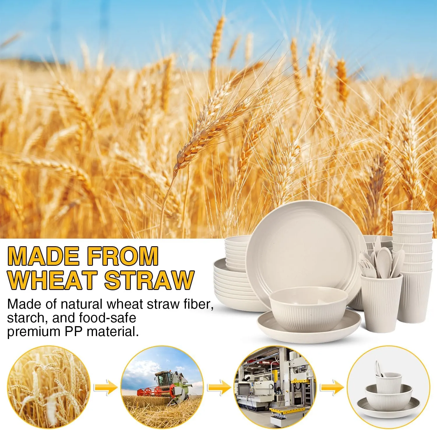 LAERJIN 56 Piece Wheat Straw Dinnerware Sets,Unbreakable Reusable Dinnerware Set,Dishwasher & Microwave Safe Plates and Bowls Sets, for Apartment Essentials, Outdoor Camping, Beige White