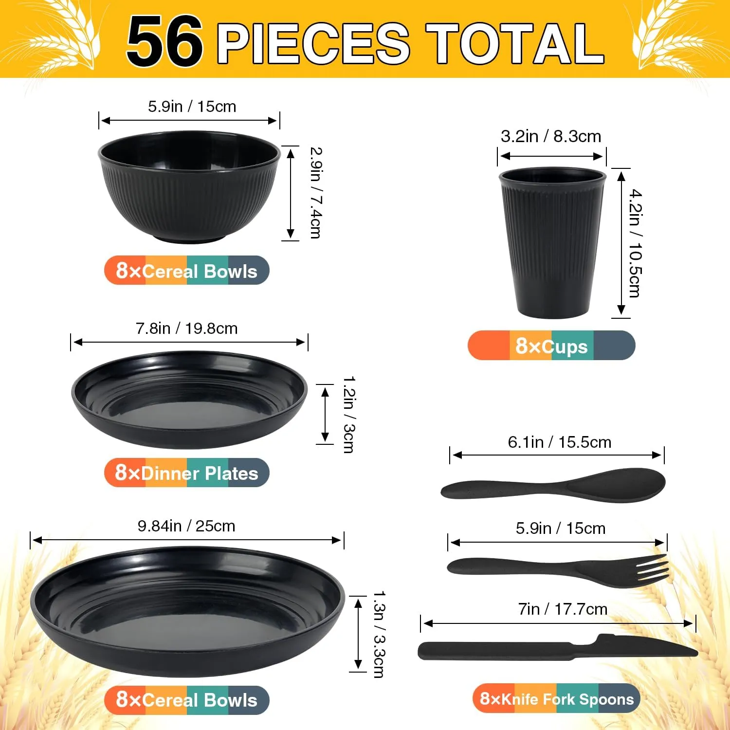 LAERJIN 56 Piece Wheat Straw Dinnerware Sets,Unbreakable Reusable Dinnerware Set,Dishwasher & Microwave Safe Plates and Bowls Sets, for Apartment Essentials, Outdoor Camping, Black
