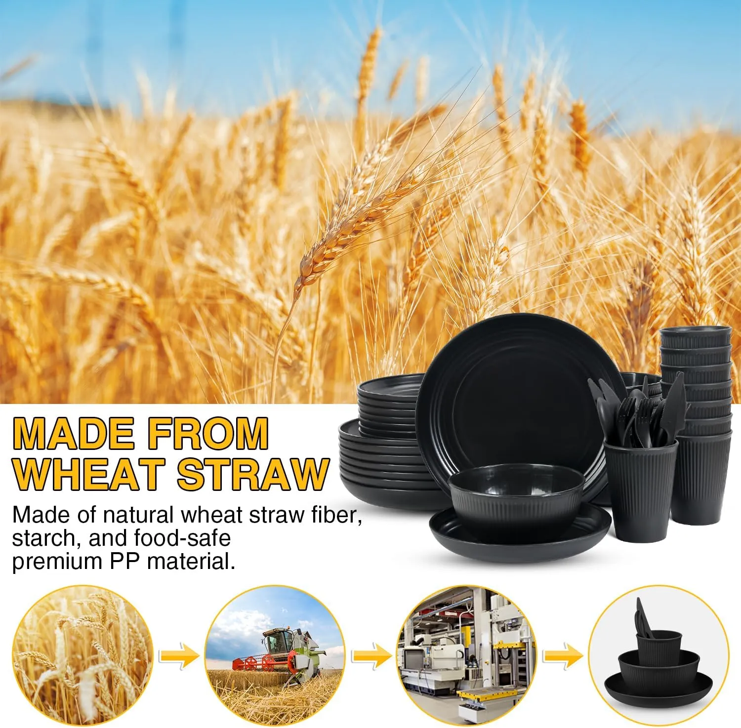 LAERJIN 56 Piece Wheat Straw Dinnerware Sets,Unbreakable Reusable Dinnerware Set,Dishwasher & Microwave Safe Plates and Bowls Sets, for Apartment Essentials, Outdoor Camping, Black