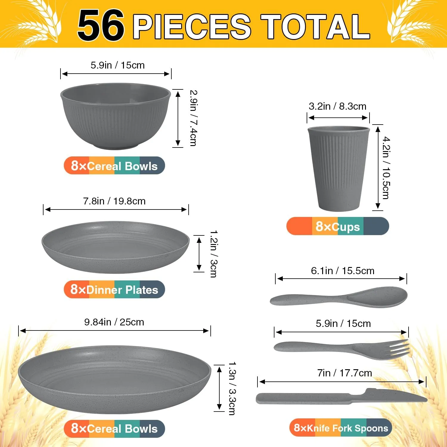 LAERJIN 56 Piece Wheat Straw Dinnerware Sets,Unbreakable Reusable Dinnerware Set,Dishwasher & Microwave Safe Plates and Bowls Sets, for Apartment Essentials, Outdoor Camping, Gray