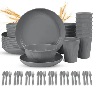 LAERJIN 56 Piece Wheat Straw Dinnerware Sets,Unbreakable Reusable Dinnerware Set,Dishwasher & Microwave Safe Plates and Bowls Sets, for Apartment Essentials, Outdoor Camping, Gray
