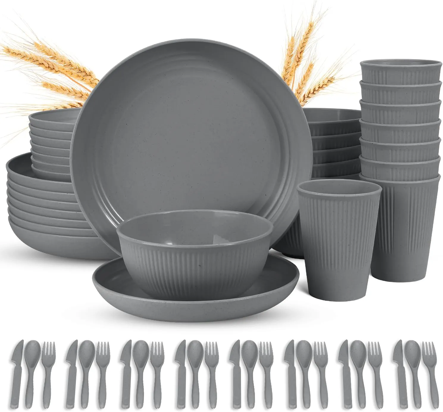 LAERJIN 56 Piece Wheat Straw Dinnerware Sets,Unbreakable Reusable Dinnerware Set,Dishwasher & Microwave Safe Plates and Bowls Sets, for Apartment Essentials, Outdoor Camping, Gray