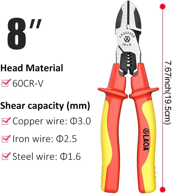LAOA 1000V Insulated Multifunctional Pliers | Wire Cutter, Stripper, Crimper with 60CR-V Steel Heavy Duty Electrician Tool for Auto Repair, Electronics & Tight Spaces