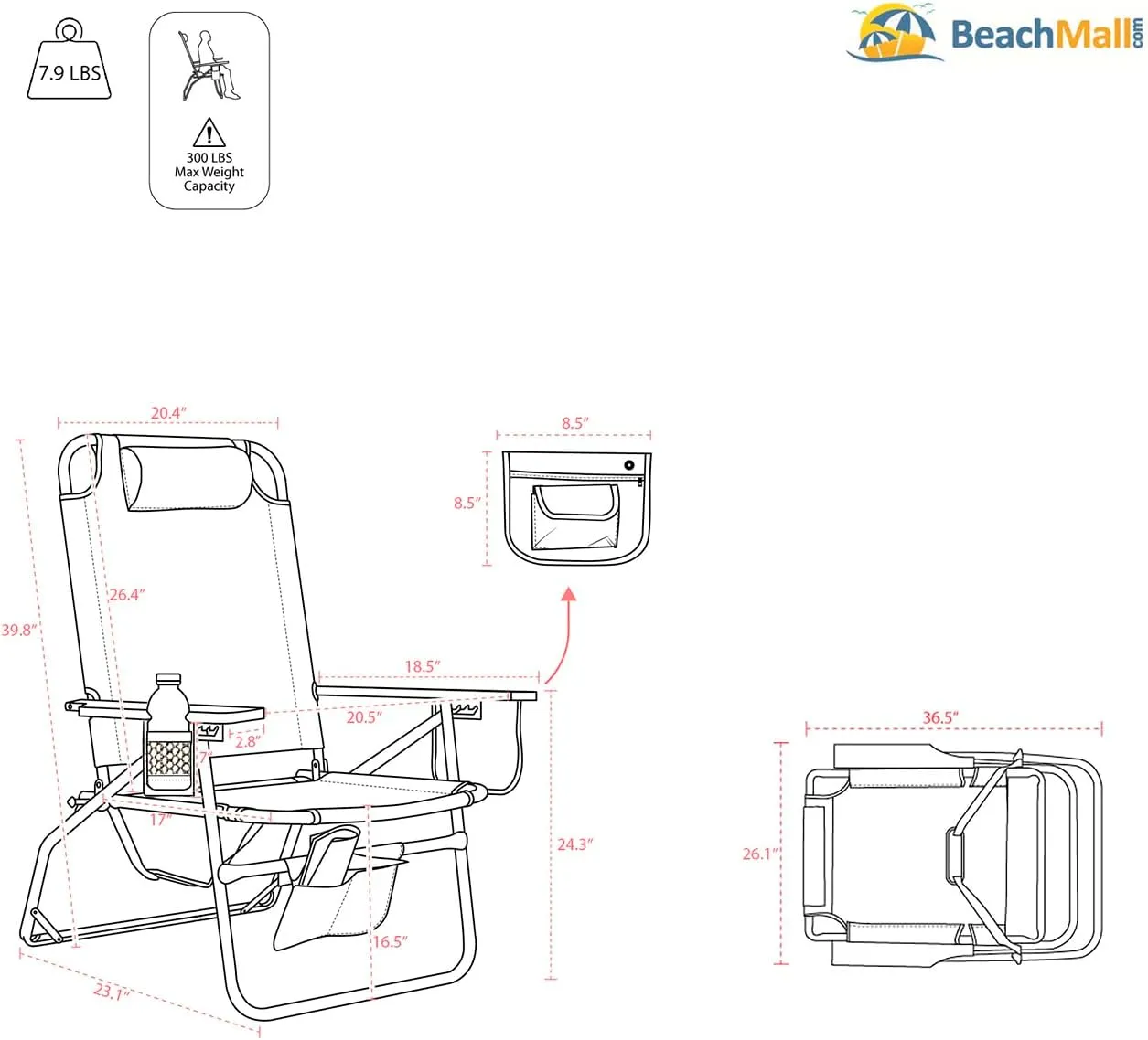 Large Heavy Duty Beach Chair for Big & Tall Adults, 300 lbs Capacity, Aluminum Tubing - 4 Reclining Positions
