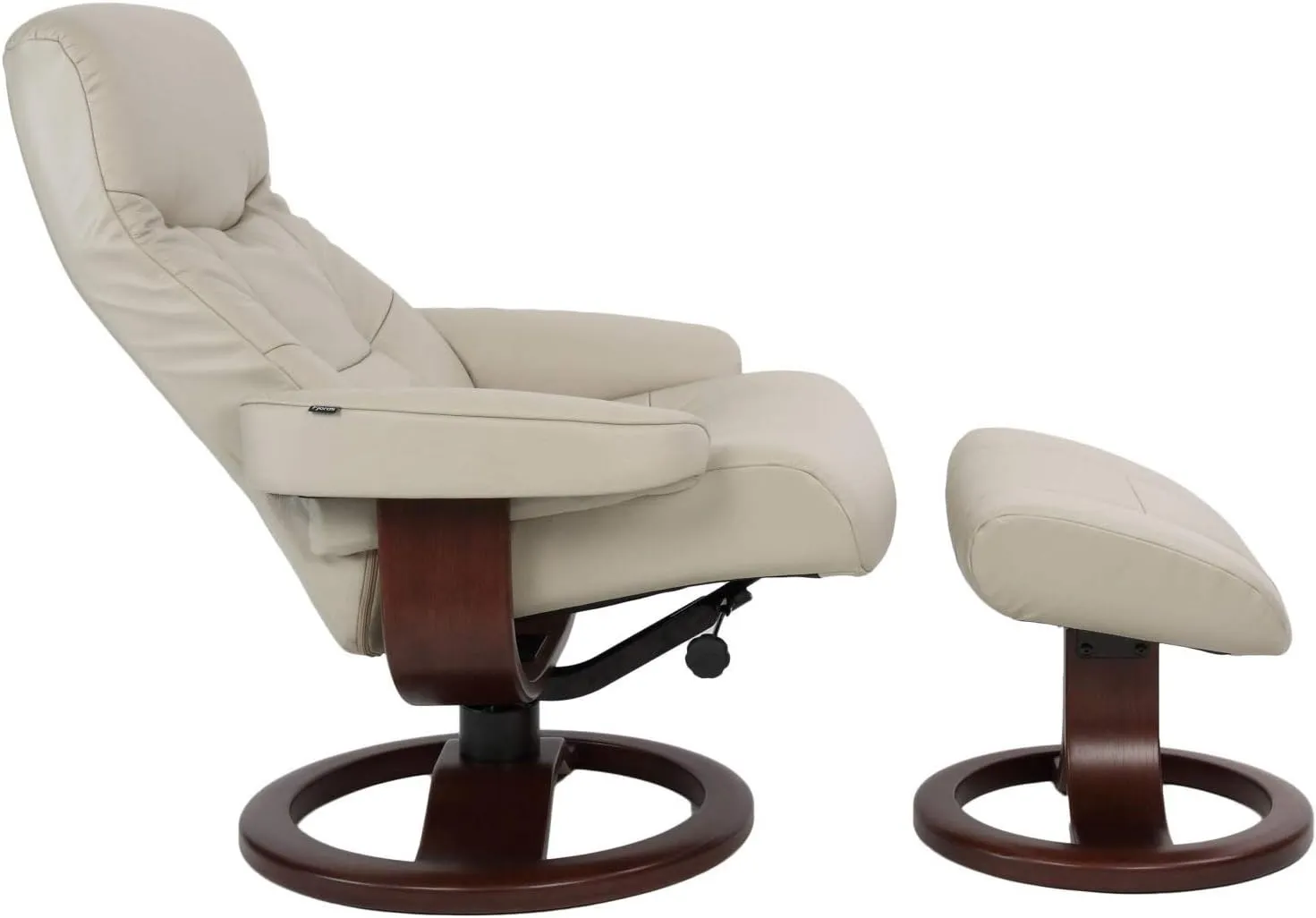 Large Leather Ergonomic Swivel Recliner Chair with Ottoman in Sandel NL 121 Nordic Line Leather with a Charcoal Wood Stain Base