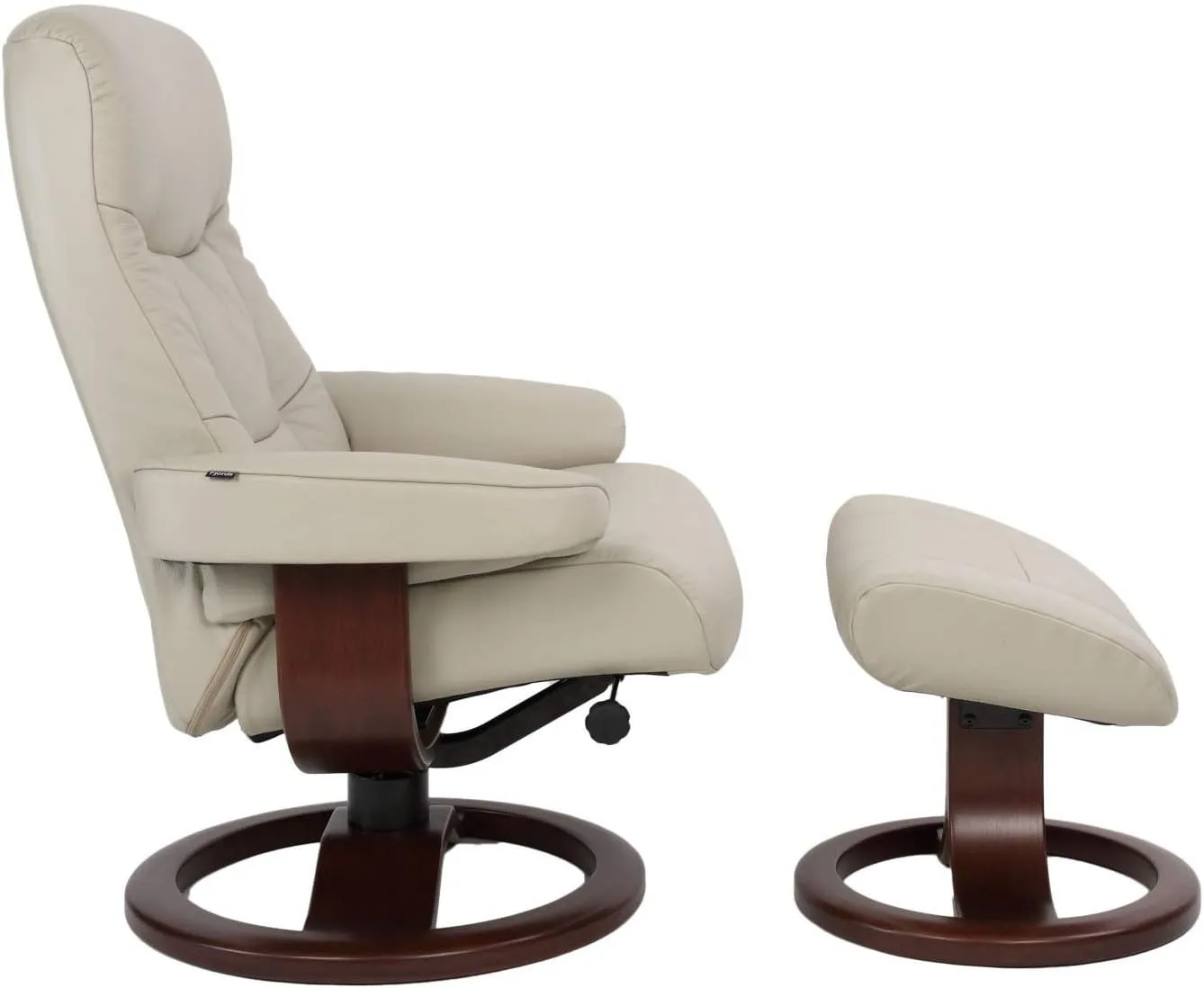 Large Leather Ergonomic Swivel Recliner Chair with Ottoman in Sandel NL 121 Nordic Line Leather with a Charcoal Wood Stain Base