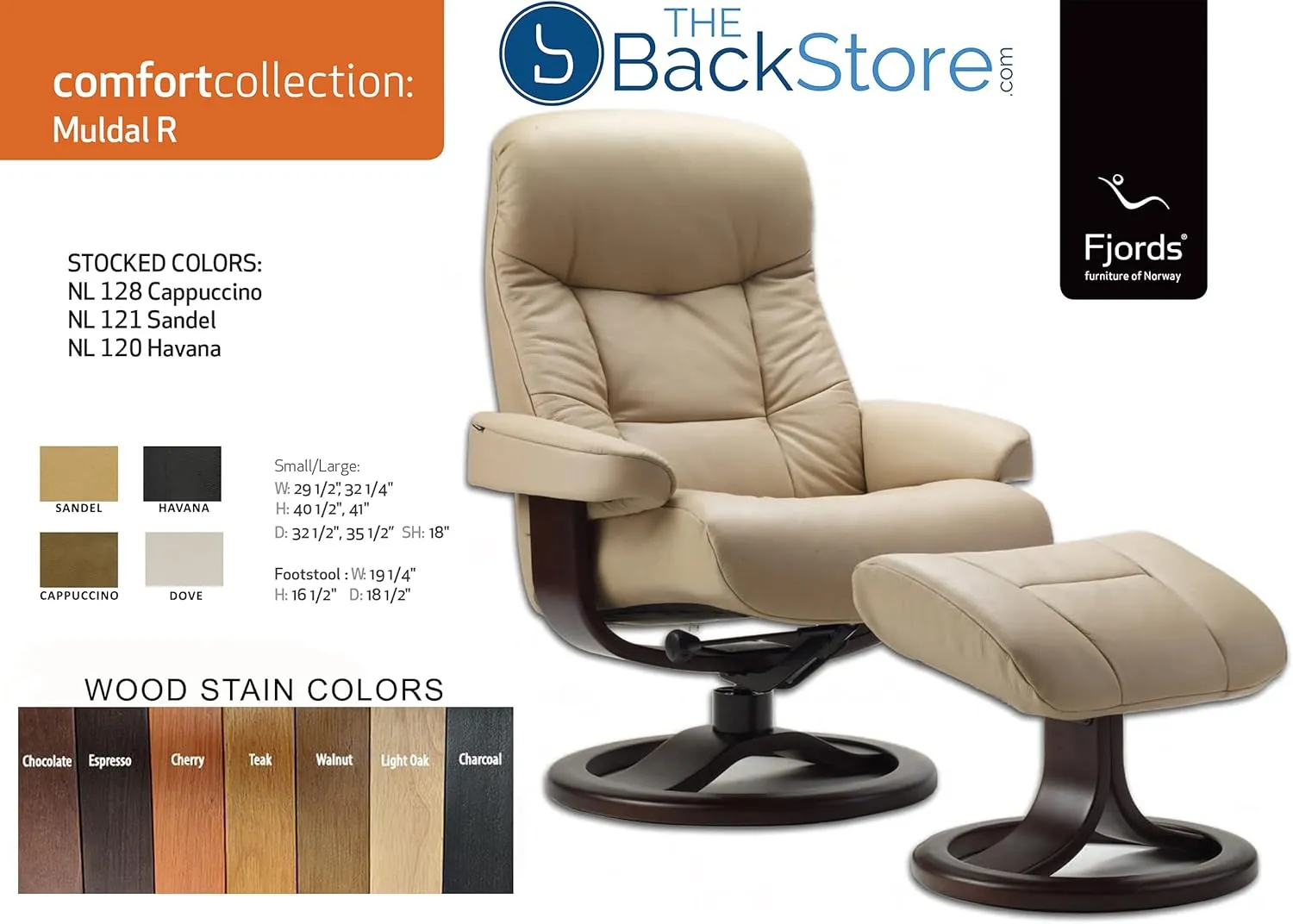 Large Leather Ergonomic Swivel Recliner Chair with Ottoman in Sandel NL 121 Nordic Line Leather with a Charcoal Wood Stain Base