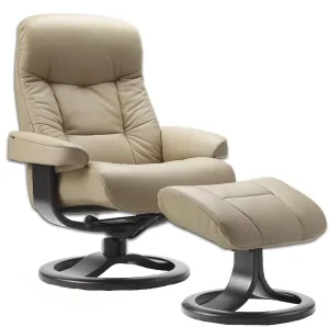 Large Leather Ergonomic Swivel Recliner Chair with Ottoman in Sandel NL 121 Nordic Line Leather with a Charcoal Wood Stain Base
