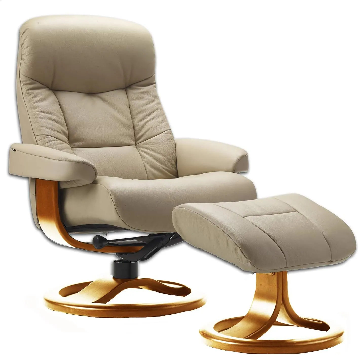 Large Leather Ergonomic Swivel Recliner Chair with Ottoman in Sandel NL 121 Nordic Line Leather with a Cherry Wood Stain Base
