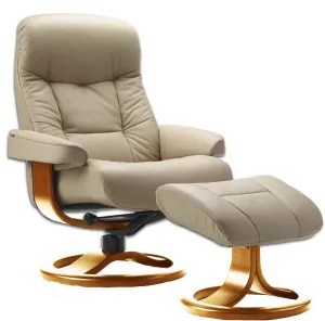 Large Leather Ergonomic Swivel Recliner Chair with Ottoman in Sandel NL 121 Nordic Line Leather with a Cherry Wood Stain Base