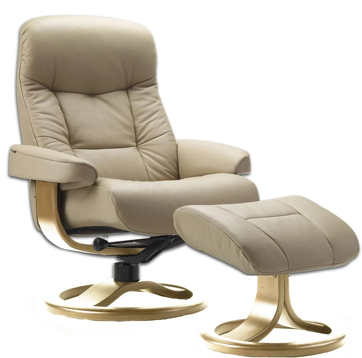 Large Leather Ergonomic Swivel Recliner Chair with Ottoman in Sandel NL 121 Nordic Line Leather with a Lite Oak Wood Stain Base