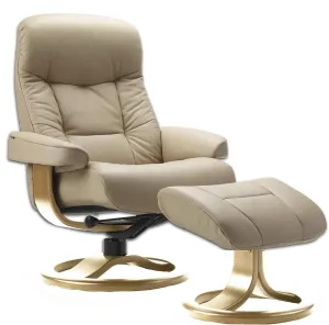 Large Leather Ergonomic Swivel Recliner Chair with Ottoman in Sandel NL 121 Nordic Line Leather with a Lite Oak Wood Stain Base