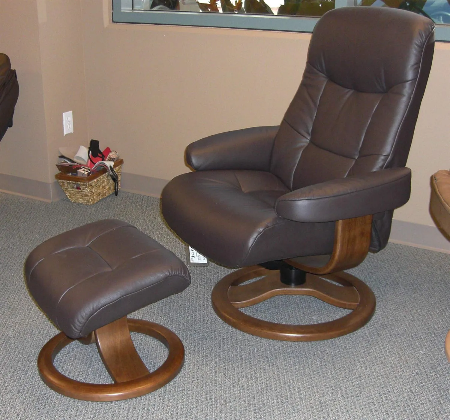 Large Leather Swivel Recliner Chair with Ottoman in Havana Dark Brown NL 120 Nordic Line Leather with a Cherry Wood Stain Base