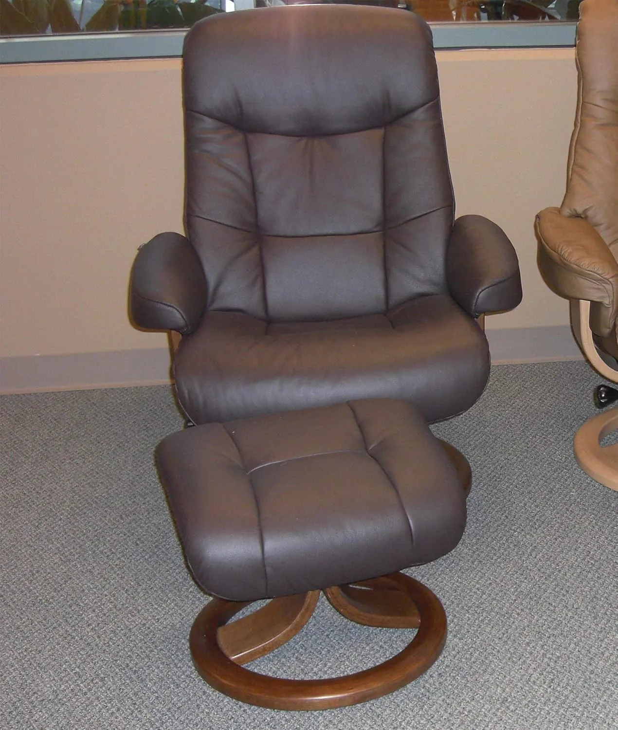 Large Leather Swivel Recliner Chair with Ottoman in Havana Dark Brown NL 120 Nordic Line Leather with a Cherry Wood Stain Base
