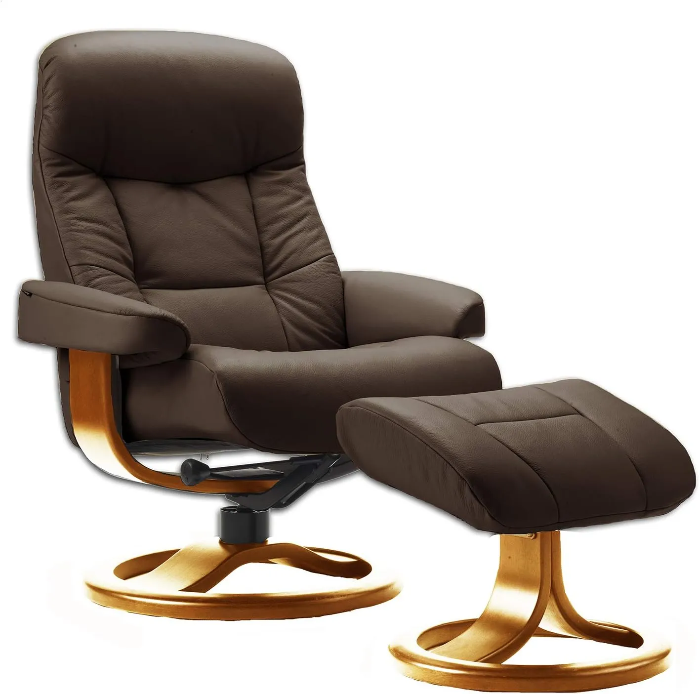Large Leather Swivel Recliner Chair with Ottoman in Havana Dark Brown NL 120 Nordic Line Leather with a Cherry Wood Stain Base