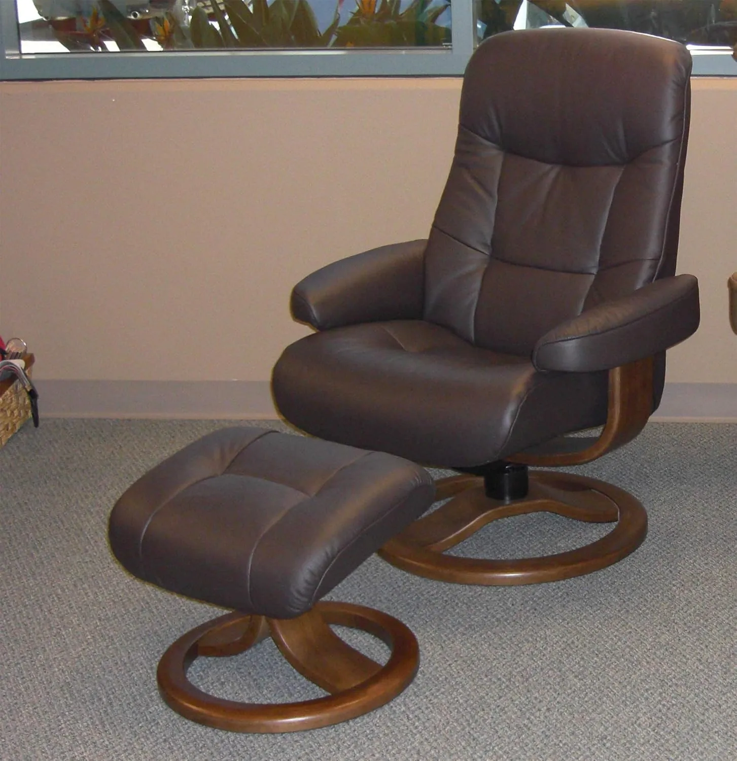 Large Leather Swivel Recliner Chair with Ottoman in Havana Dark Brown NL 120 Nordic Line Leather with a Cherry Wood Stain Base
