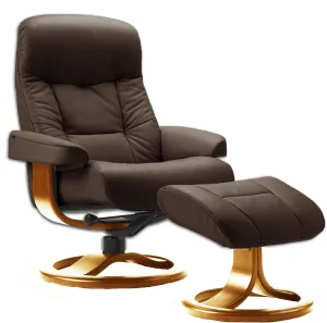 Large Leather Swivel Recliner Chair with Ottoman in Havana Dark Brown NL 120 Nordic Line Leather with a Cherry Wood Stain Base