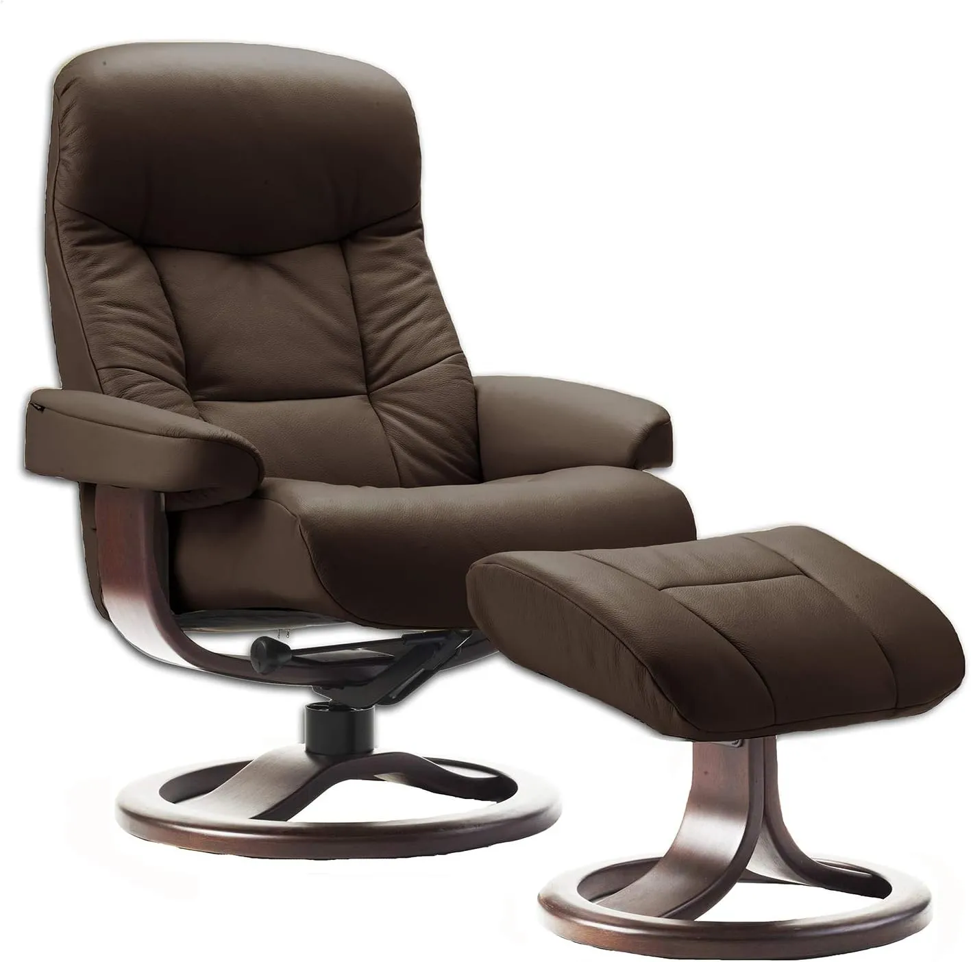 Large Leather Swivel Recliner Chair with Ottoman in Havana Dark Brown NL 120 Nordic Line Leather with a Walnut Wood Stain Base