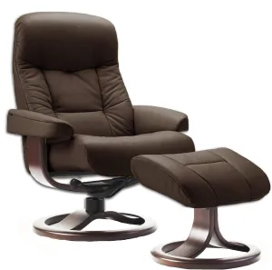Large Leather Swivel Recliner Chair with Ottoman in Havana Dark Brown NL 120 Nordic Line Leather with a Walnut Wood Stain Base