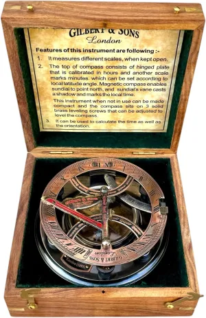 Large Sundial Antique Vintage Pocket Compass 5 Inch – Top-Grade Calibrated Nautical Compass with Rosewood Case for Camping, Hiking, and Gift