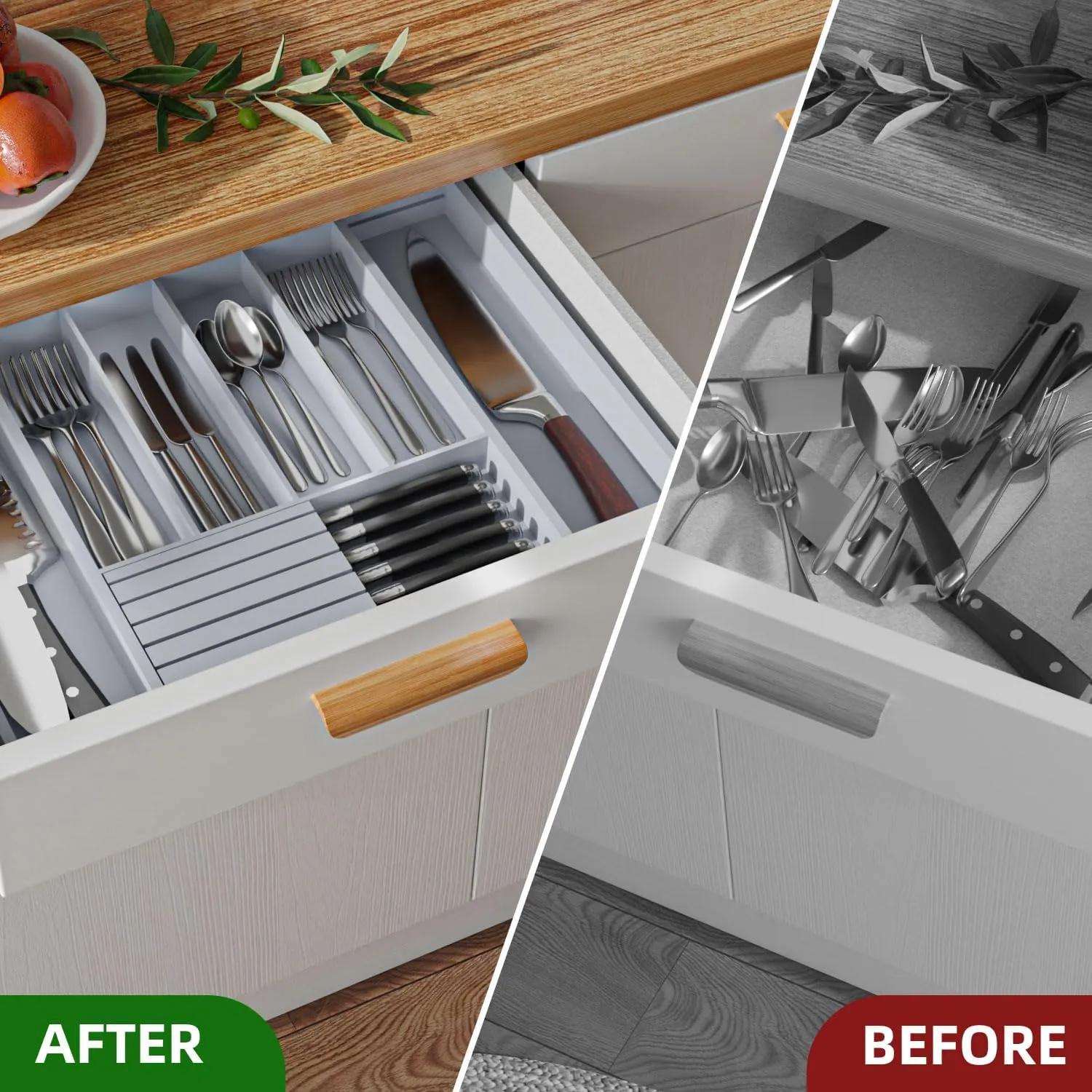 Large Utensil Drawer Organizer with Divider - Removable Kitchen Knife Holder Bamboo Adjustable Flatware Organizer for Drawer W12.8-20.2" x L16 x H2 (Grey)