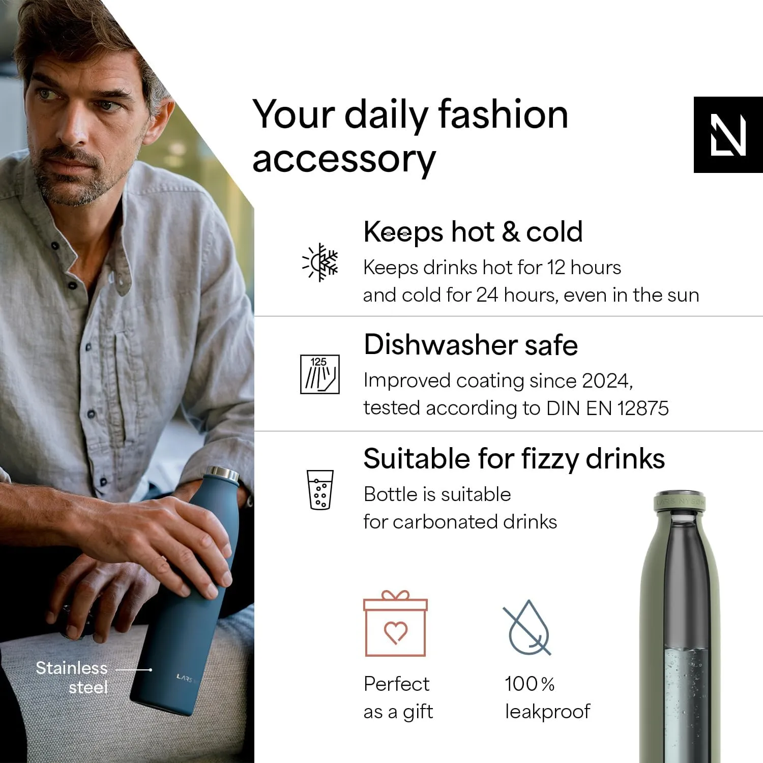 LARS NYSØM Stainless Steel Insulated Water Bottle 12oz 17oz 25oz 34oz 51oz | Insulated Thermo Flask for Hot and Cold Beverages | Leakproof Drinking Bottle (Sage Green, 17oz)