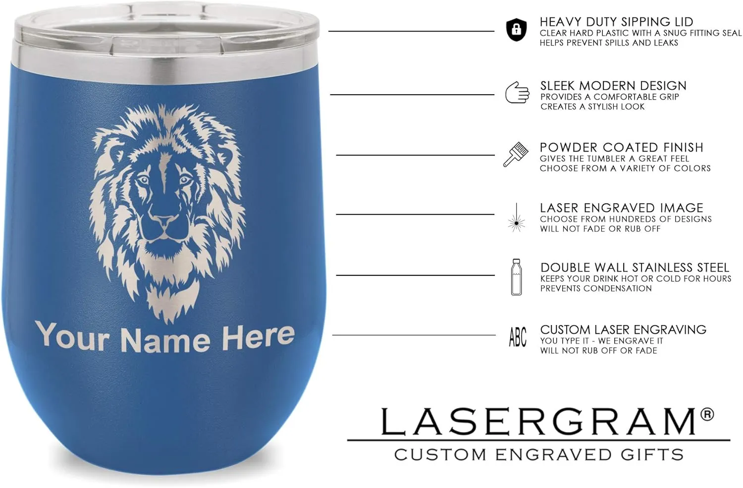 LaserGram Double Wall Stainless Steel Wine Glass Tumbler, Compass Rose, Personalized Engraving Included (Dark Blue)