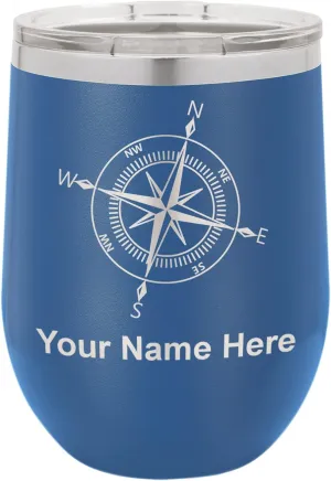 LaserGram Double Wall Stainless Steel Wine Glass Tumbler, Compass Rose, Personalized Engraving Included (Dark Blue)