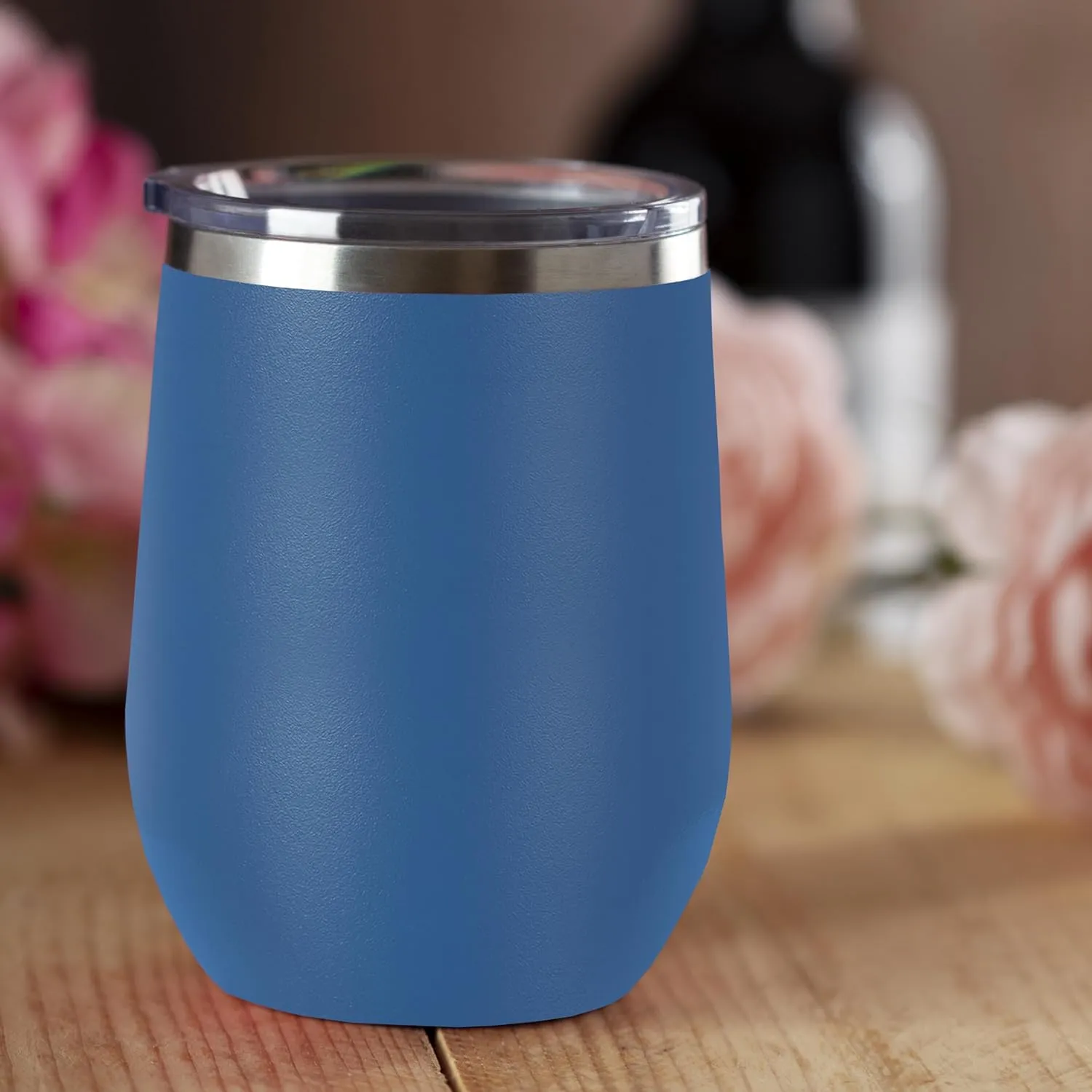LaserGram Double Wall Stainless Steel Wine Glass Tumbler, Compass Rose, Personalized Engraving Included (Dark Blue)