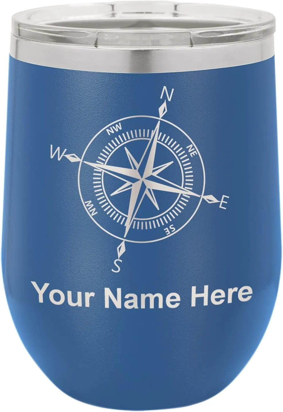 LaserGram Double Wall Stainless Steel Wine Glass Tumbler, Compass Rose, Personalized Engraving Included (Dark Blue)