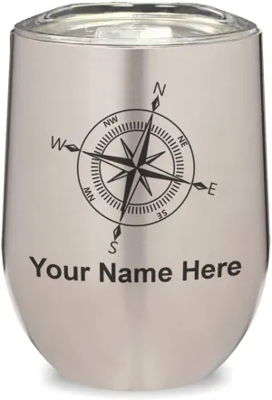 LaserGram Double Wall Stainless Steel Wine Glass Tumbler, Compass Rose, Personalized Engraving Included (Stainless Steel)