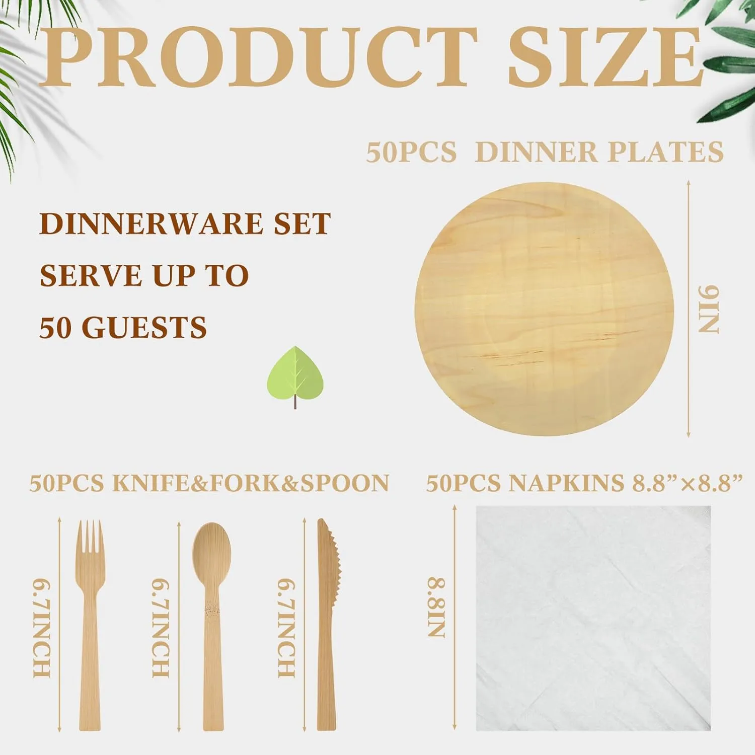 Layhit 50 Set Bamboo Cutlery and Pre Rolled Napkin Disposable Cutlery Utensils with Forks, Knives, Spoons, Napkins for Wedding, Party, Baby Shower, Outdoor Events