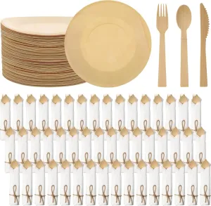 Layhit 50 Set Bamboo Cutlery and Pre Rolled Napkin Disposable Cutlery Utensils with Forks, Knives, Spoons, Napkins for Wedding, Party, Baby Shower, Outdoor Events
