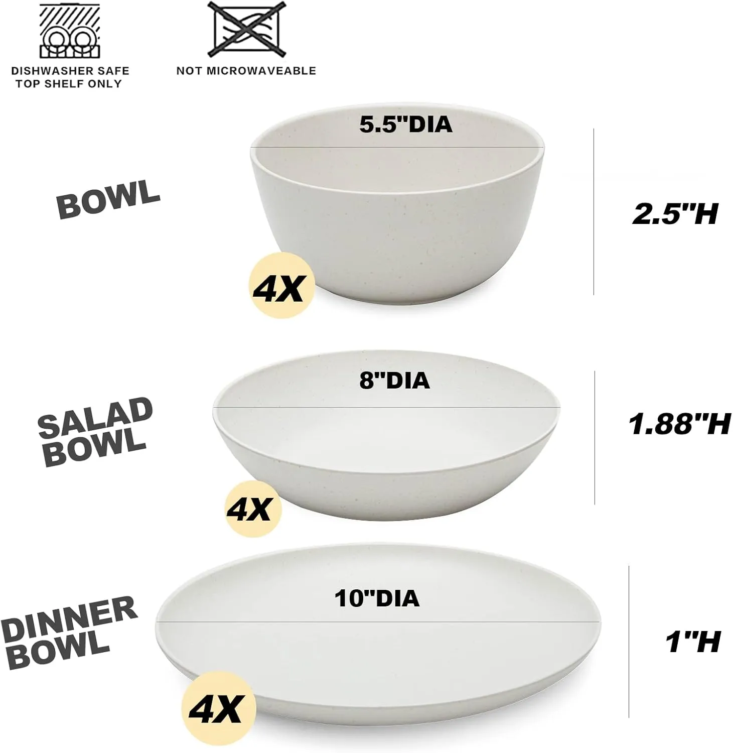 LEHAHA Bamboo White Kitchen Plates and Bowls Set, 12 Piece non-breakable Melamine Dinnerware Sets, Eco-Friendly Dishes Sets for 4, 12 Piece Reusable Tableware Set for outdoor dining, Patios, RVs, BBQ