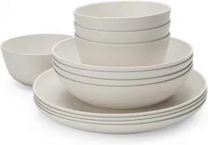 LEHAHA Bamboo White Kitchen Plates and Bowls Set, 12 Piece non-breakable Melamine Dinnerware Sets, Eco-Friendly Dishes Sets for 4, 12 Piece Reusable Tableware Set for outdoor dining, Patios, RVs, BBQ