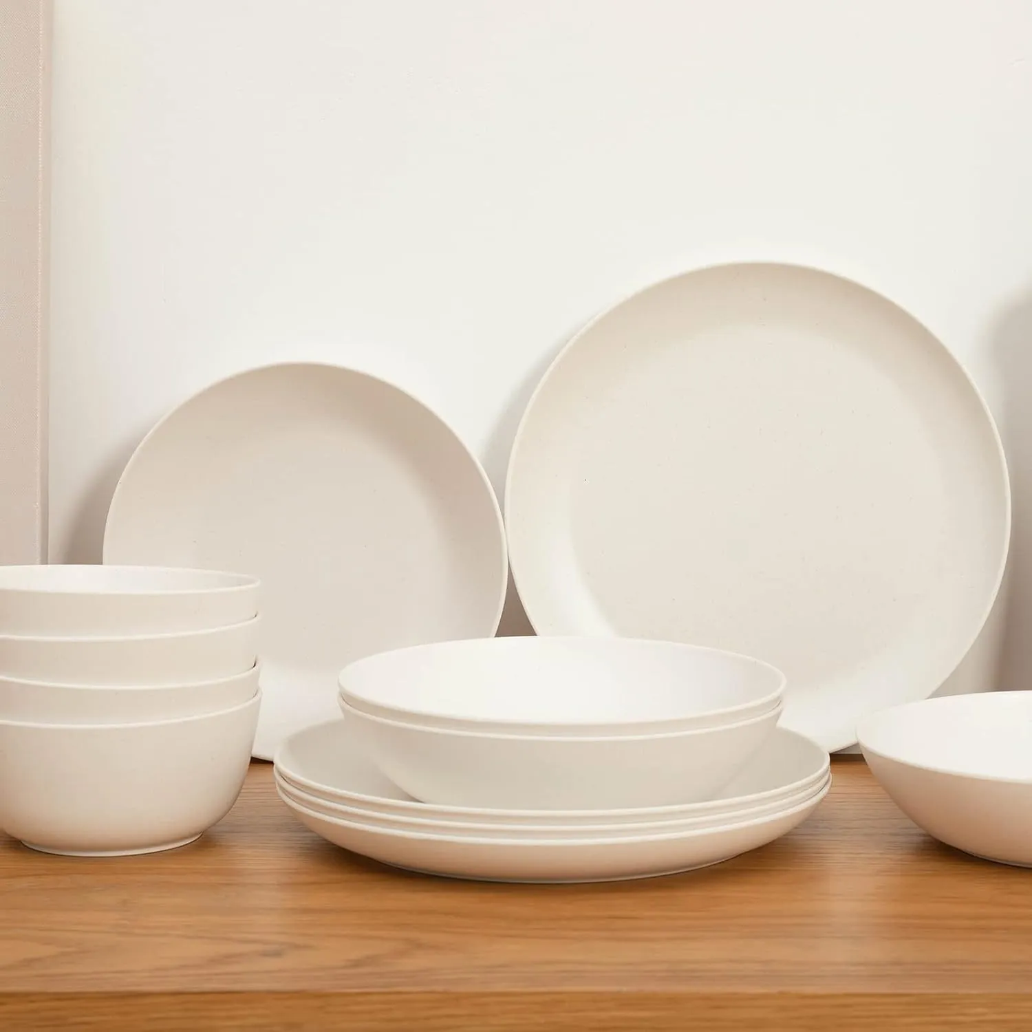 LEHAHA Bamboo White Kitchen Plates and Bowls Set, 12 Piece non-breakable Melamine Dinnerware Sets, Eco-Friendly Dishes Sets for 4, 12 Piece Reusable Tableware Set for outdoor dining, Patios, RVs, BBQ