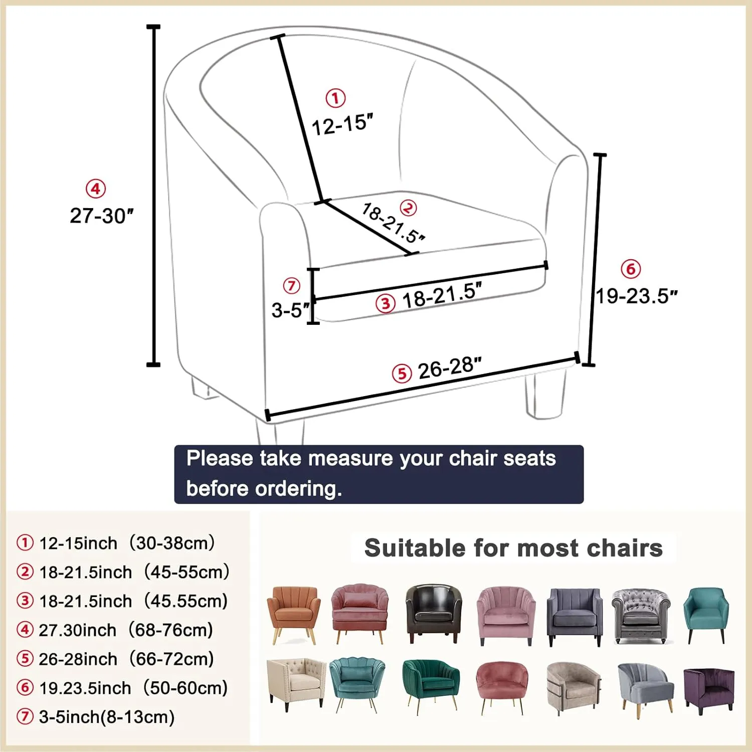 Lellen Club Chair Slipcover with Seat Cushion Cover Round Tub Chair Slipcovers Barrel Chair Cover Arm Protector Armchair Covers Reusable Stretch Sofa Covers for Living Room Bedroom Office Dining Room