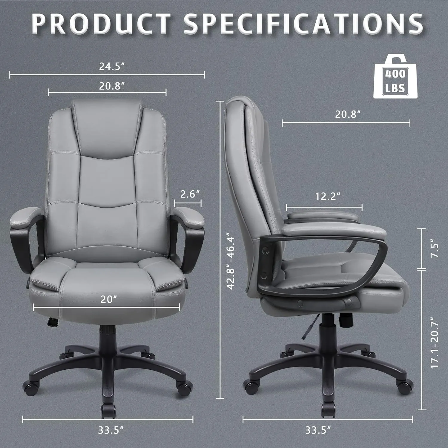 LEMBERI Office Desk Chair, Big and Tall Managerial Executive Chair, High Back Computer Chair, Ergonomic Adjustable Height PU Leather Chairs with Cushions Armrest for Long Time Sitting (Grey)
