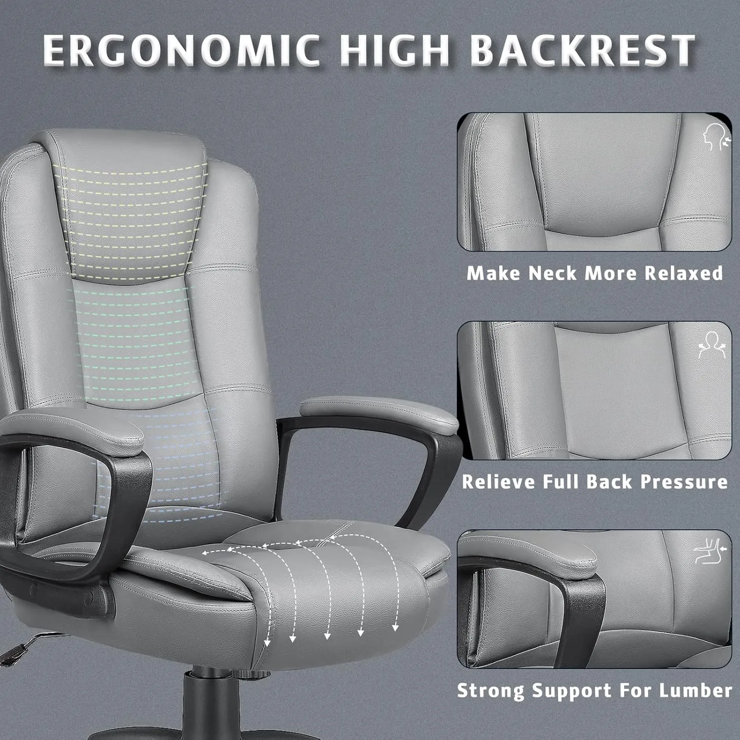 LEMBERI Office Desk Chair, Big and Tall Managerial Executive Chair, High Back Computer Chair, Ergonomic Adjustable Height PU Leather Chairs with Cushions Armrest for Long Time Sitting (Grey)